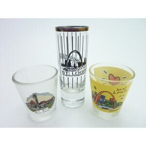 Vintage St. Louis Missouri Tall Shot Glass Gold Accents + 2 more Souvenir